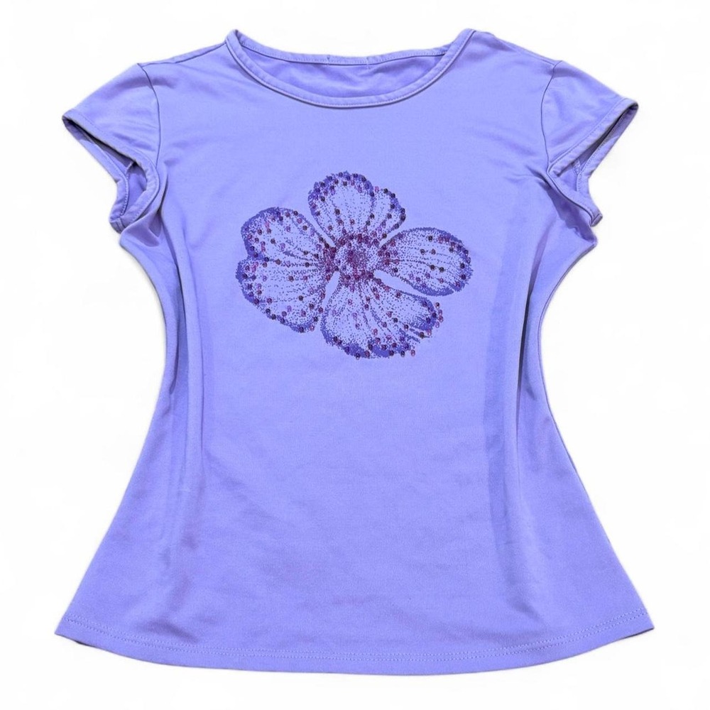 Y2K Purple Rhinestone Hibiscus Flower Graphic Baby Tee Small Light Marks